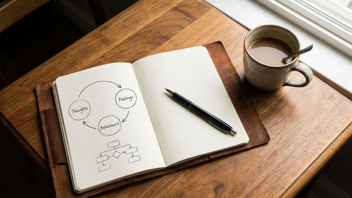 An open leather-bound journal on a wooden table next to a cup of coffee, showing a hand-drawn diagram of the CBT cycle: Thoughts, Feelings, and Behaviours.