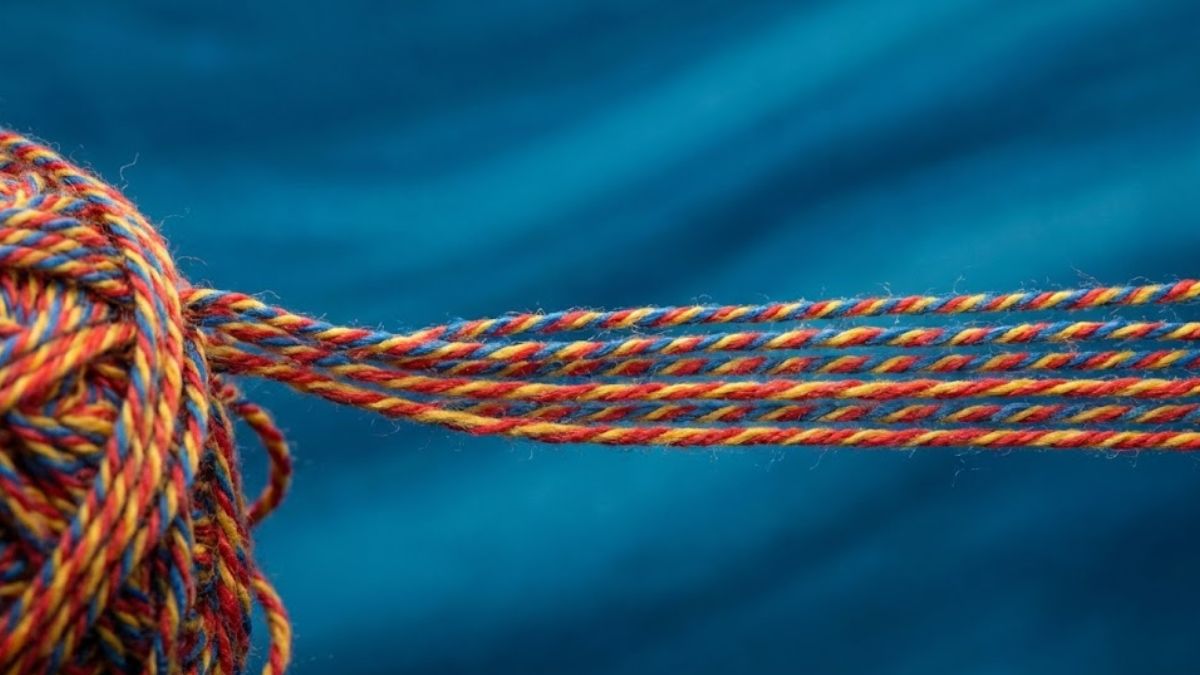 A close-up, abstract shot of multicolored strands of string being gently straightened from a tangled ball into organized parallel lines against a blue background.