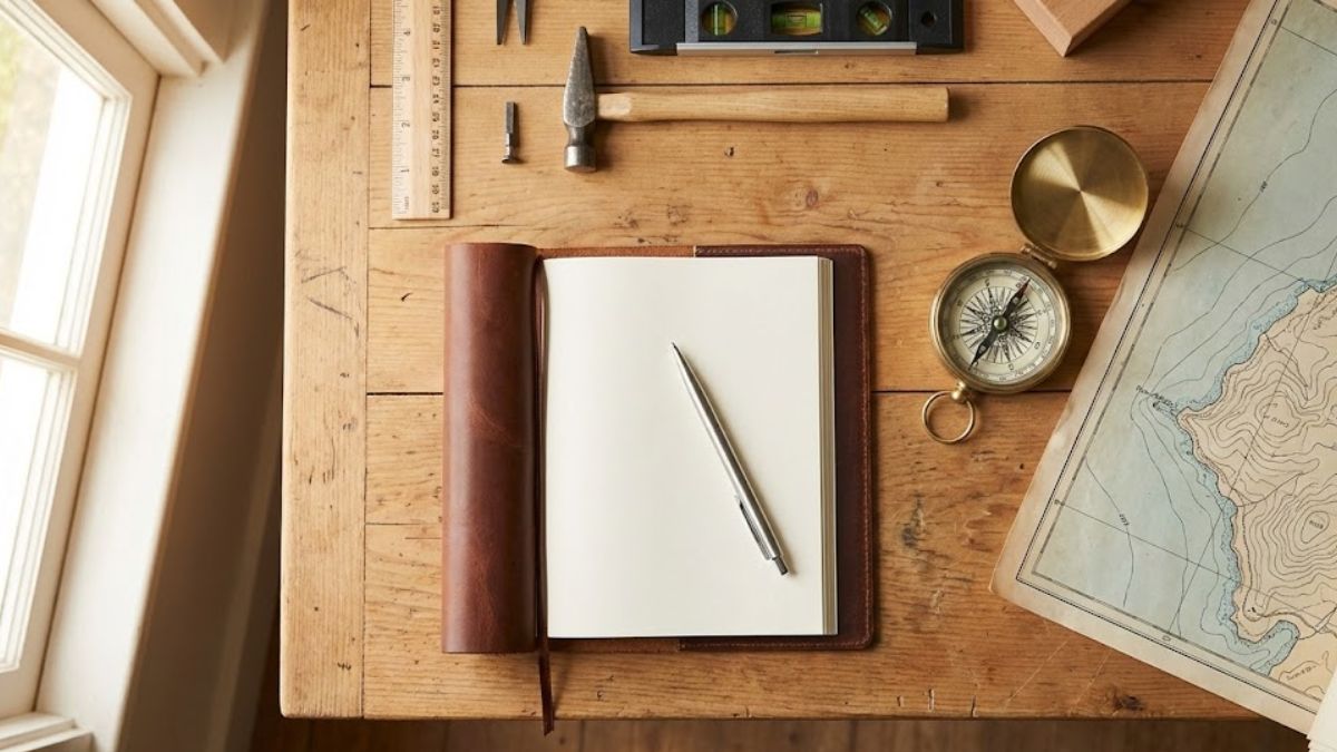 A clean, overhead flat-lay of a wooden workbench featuring an open notebook, a pen, a compass, and an unrolled map under warm natural light