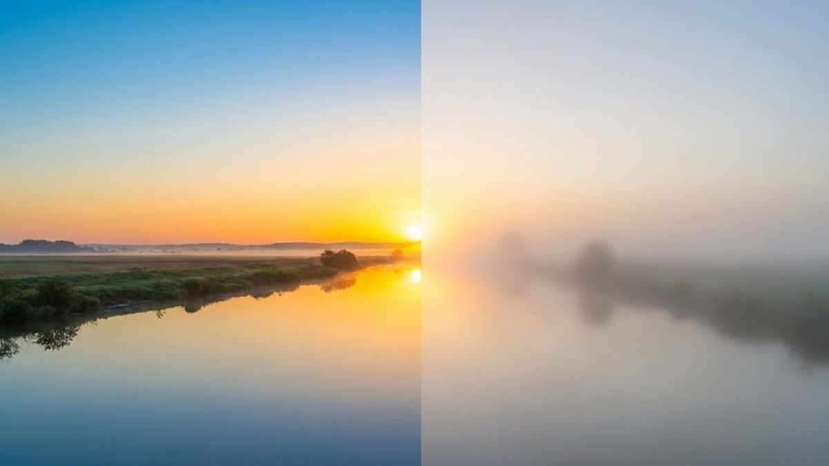 A split image comparing a clear sunrise with a foggy one, visually representing the difference between high-quality, restorative sleep and poor, fragmented sleep.
