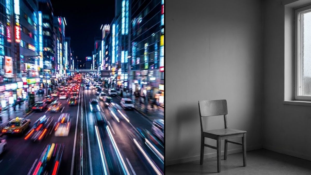 Split image showing chaotic neon nightlife contrasting with a grey, lonely room.
