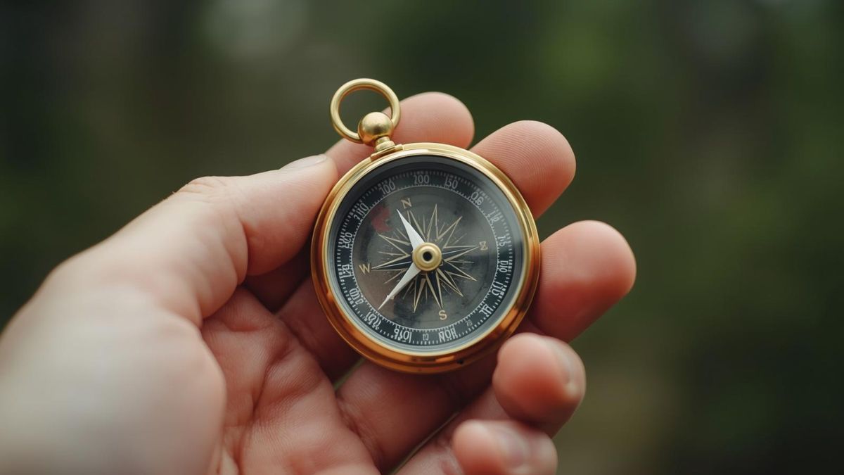 A hand holding a brass compass against a blurred nature background.