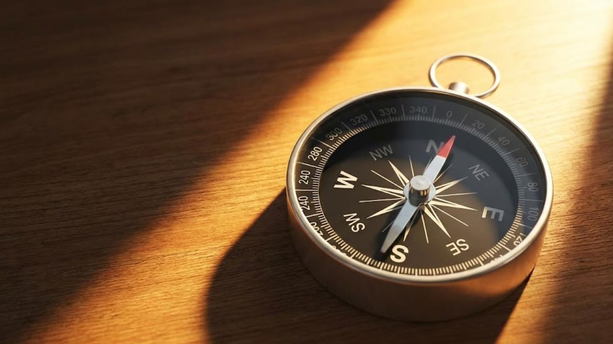 A compass on a wooden table pointing north representing regaining control and direction.