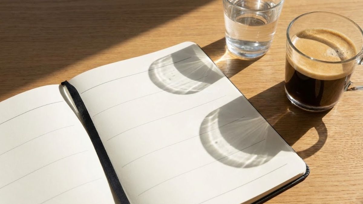 A planner and water glass representing daily structure.