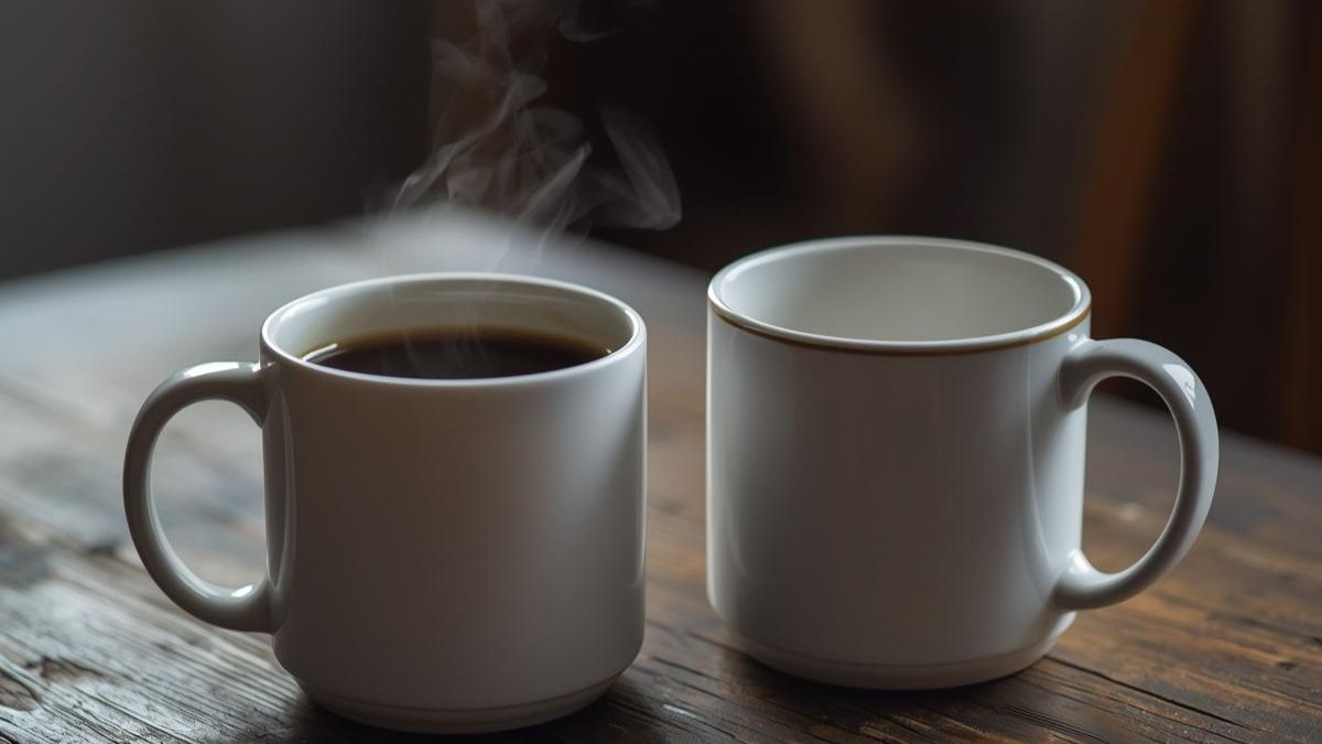 One full coffee mug and one empty mug representing the absence of a partner.