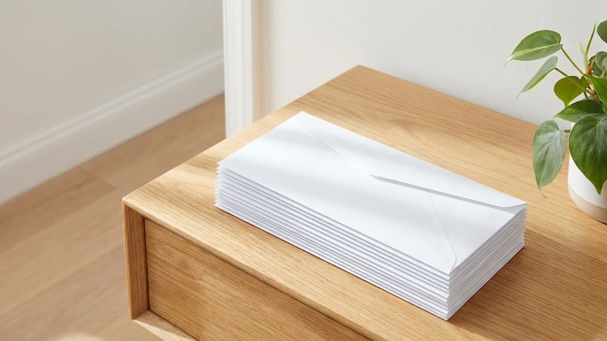 A stack of unopened envelopes on a hallway table, symbolizing the avoidance of financial news.