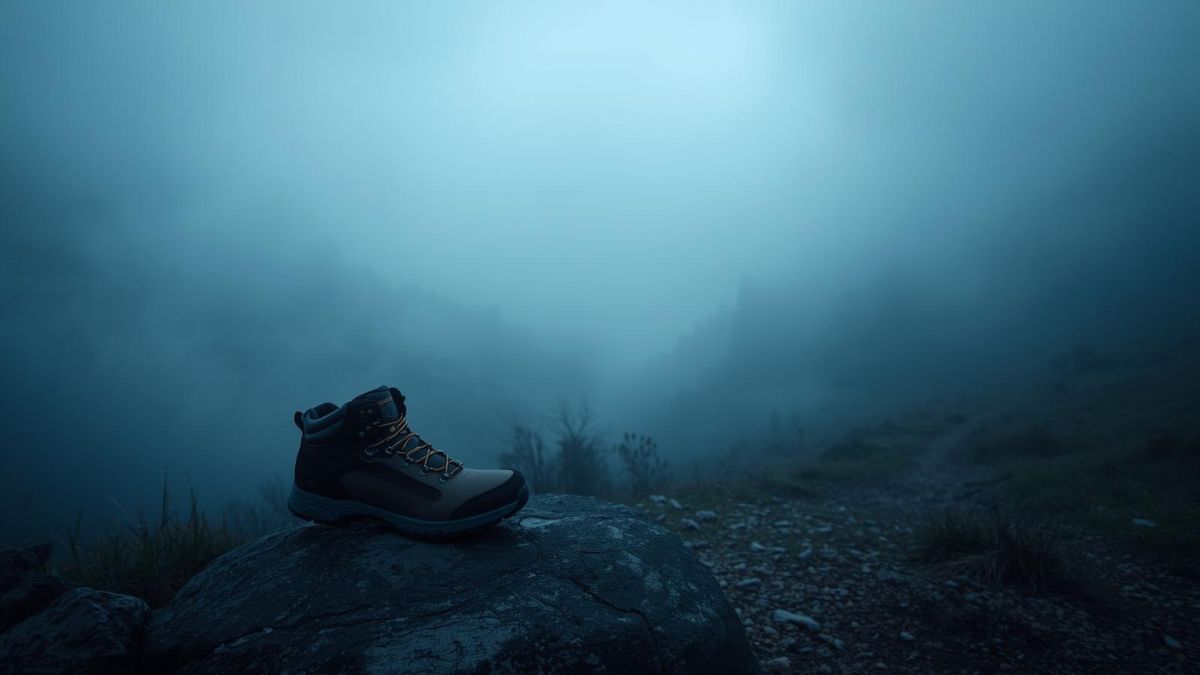 A hiking boot overlooking a foggy valley, symbolising the confusion and heaviness of depression.