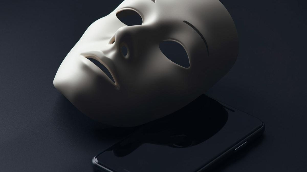 A mask and a smartphone, representing hidden bullying and gaslighting disguised as jokes.