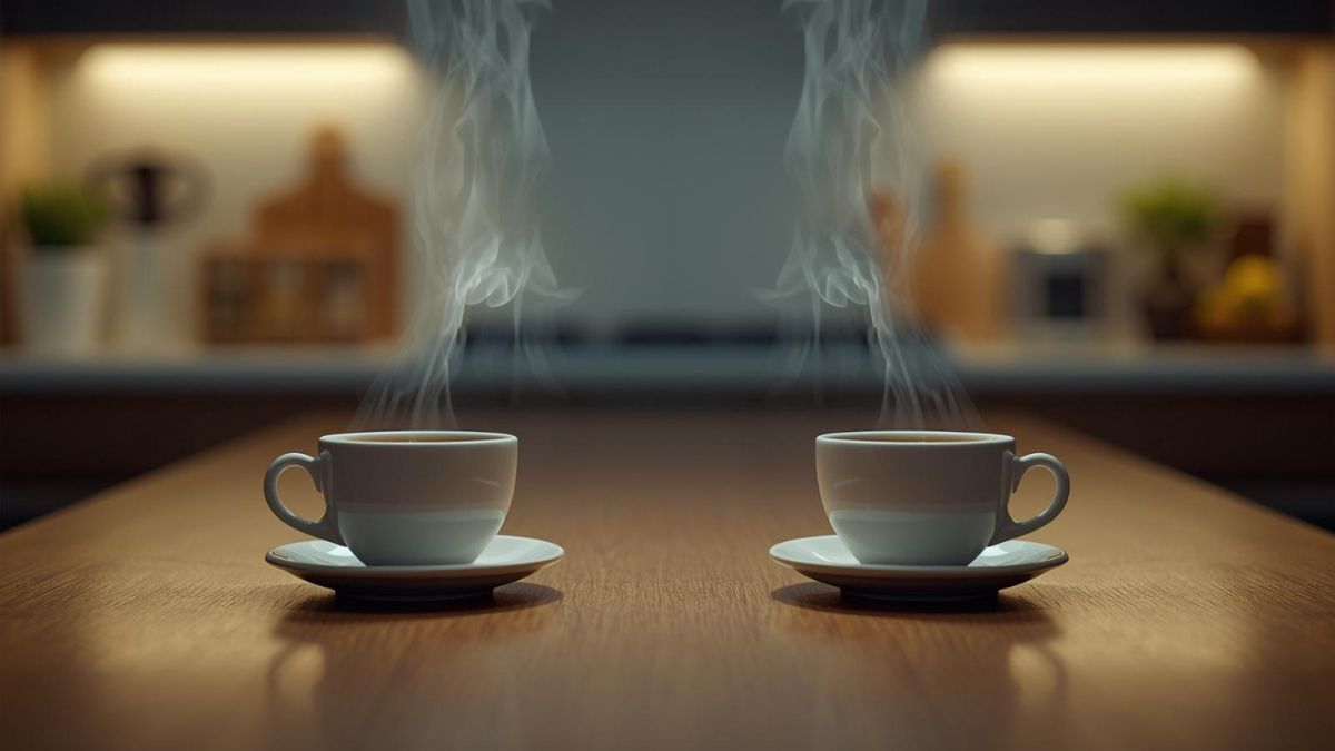 Two Coffee Cups Apart Two coffee cups placed far apart on a table representing emotional distance in a relationship.