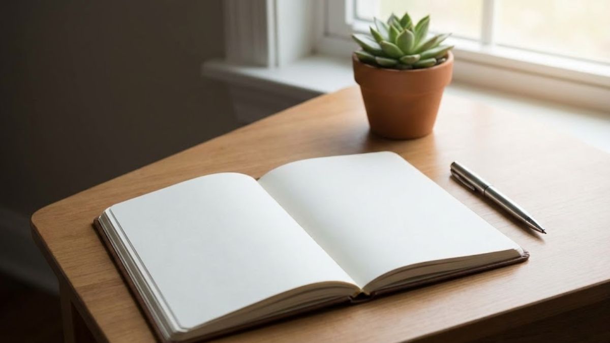 A peaceful photograph of a blank, open journal and a pen on a wooden table by a window, encouraging self-reflection and journaling.