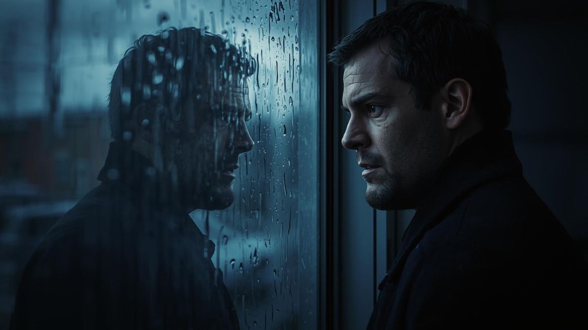 A man reflecting on his anger while looking out a rainy window.