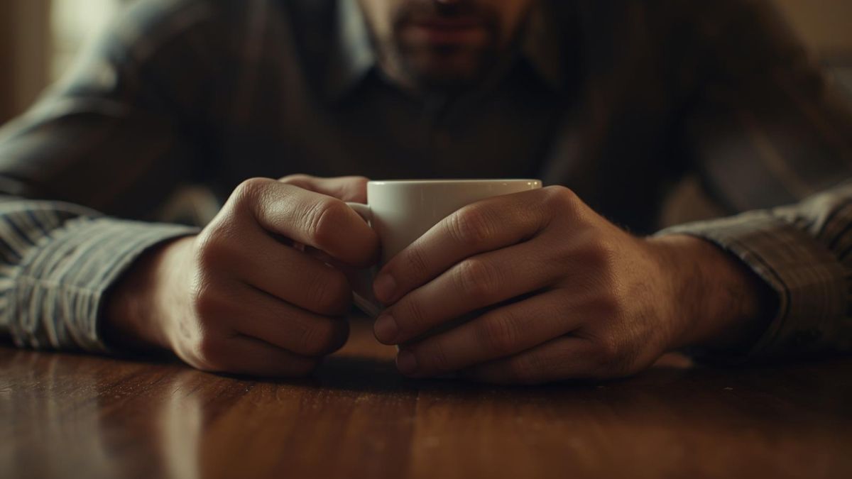 A man clutching a coffee cup tightly representing internal anxiety.
