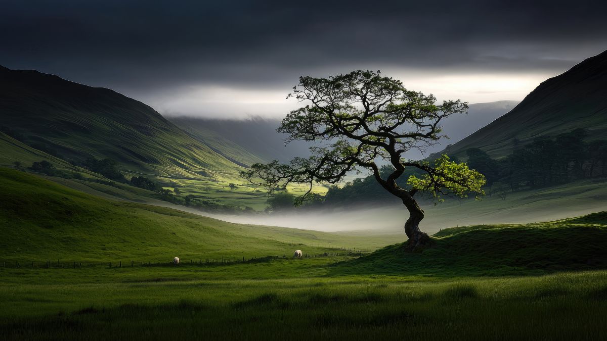 An oak tree standing firm in windy weather representing resilience during emotional turmoil.