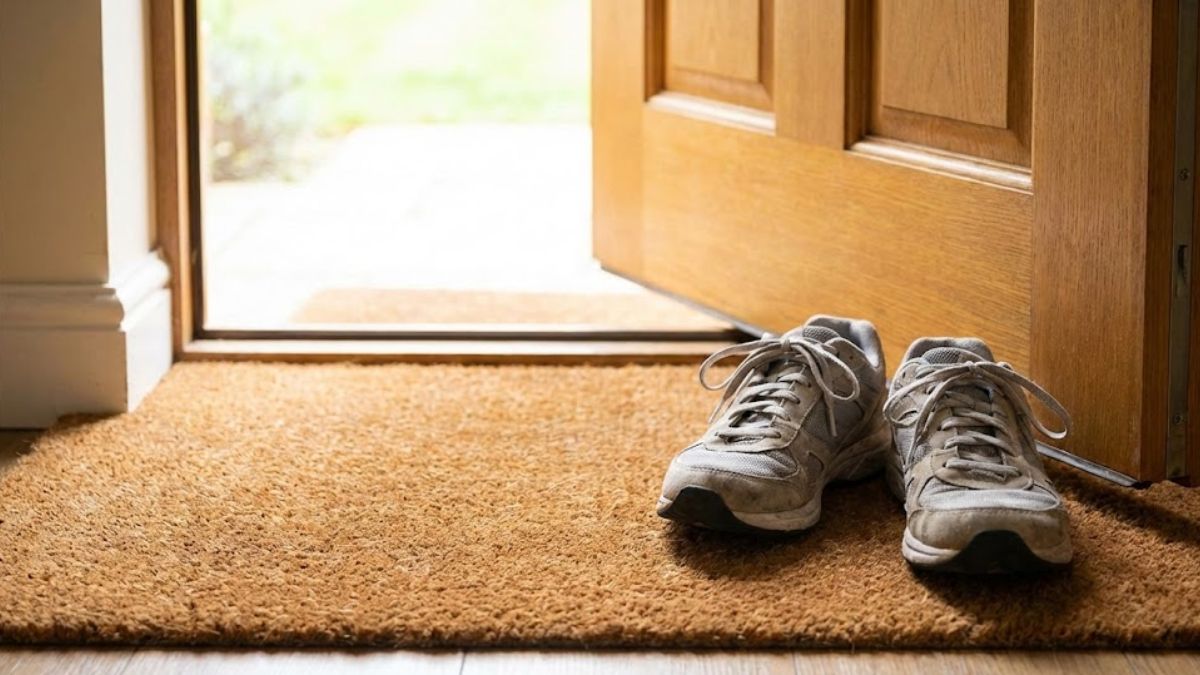 A pair of well-worn, comfortable trainers sitting on a doormat by an open front door, with natural light spilling in. No people.