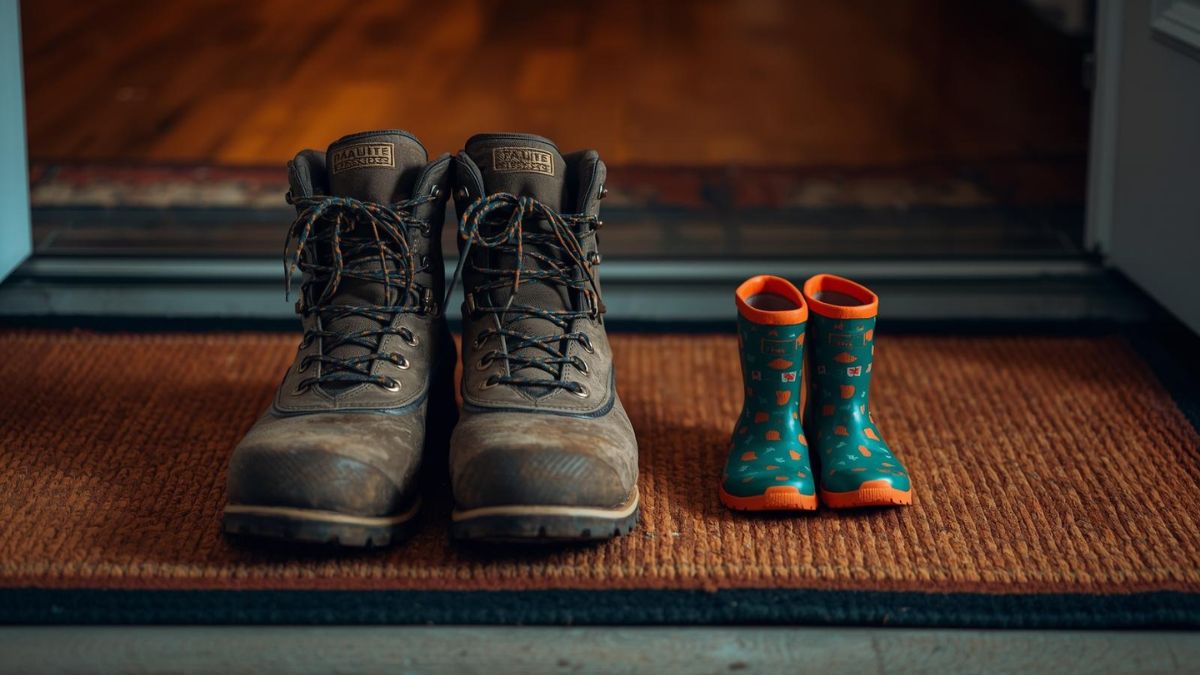 Large hiking boots next to small children's boots, symbolizing the journey of fatherhood and legacy.