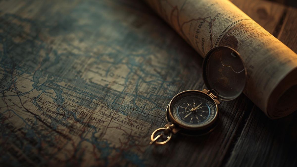 A compass and map on a wooden table representing the guidance needed for new fathers.