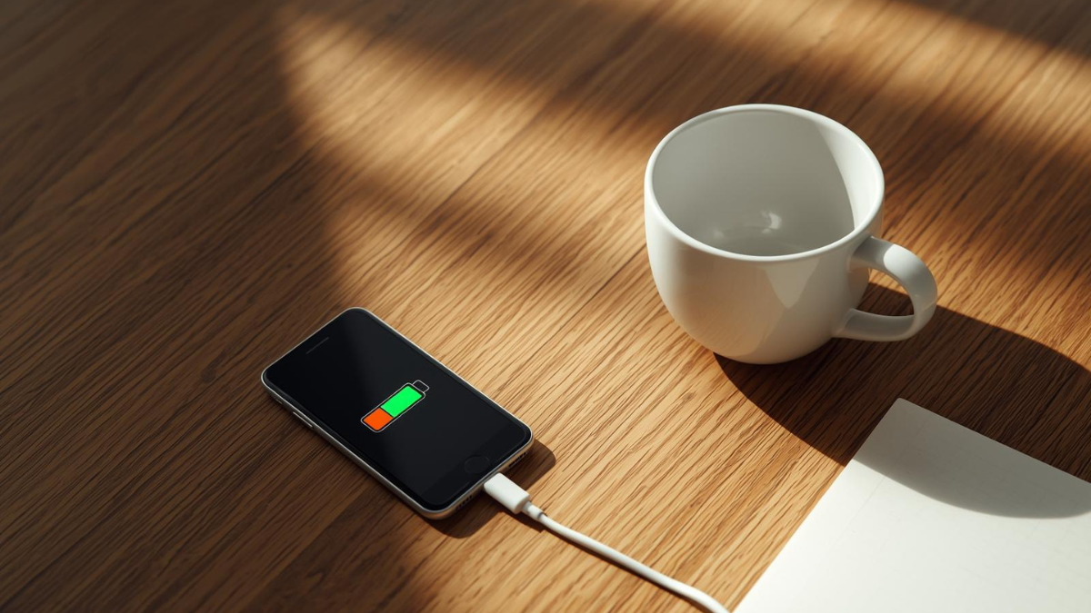 A low-battery icon and an empty coffee cup on a table, symbolising emotional and physical drain.