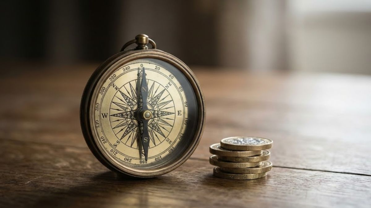 A brass compass and British coins on a wooden table, symbolizing finding direction during financial difficulties.