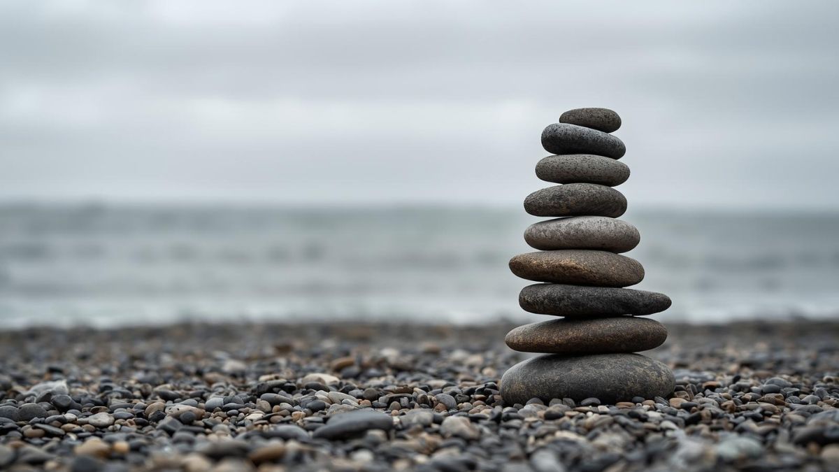 A stack of stones precariously balanced on a beach, symbolising the feeling of walking on eggshells.