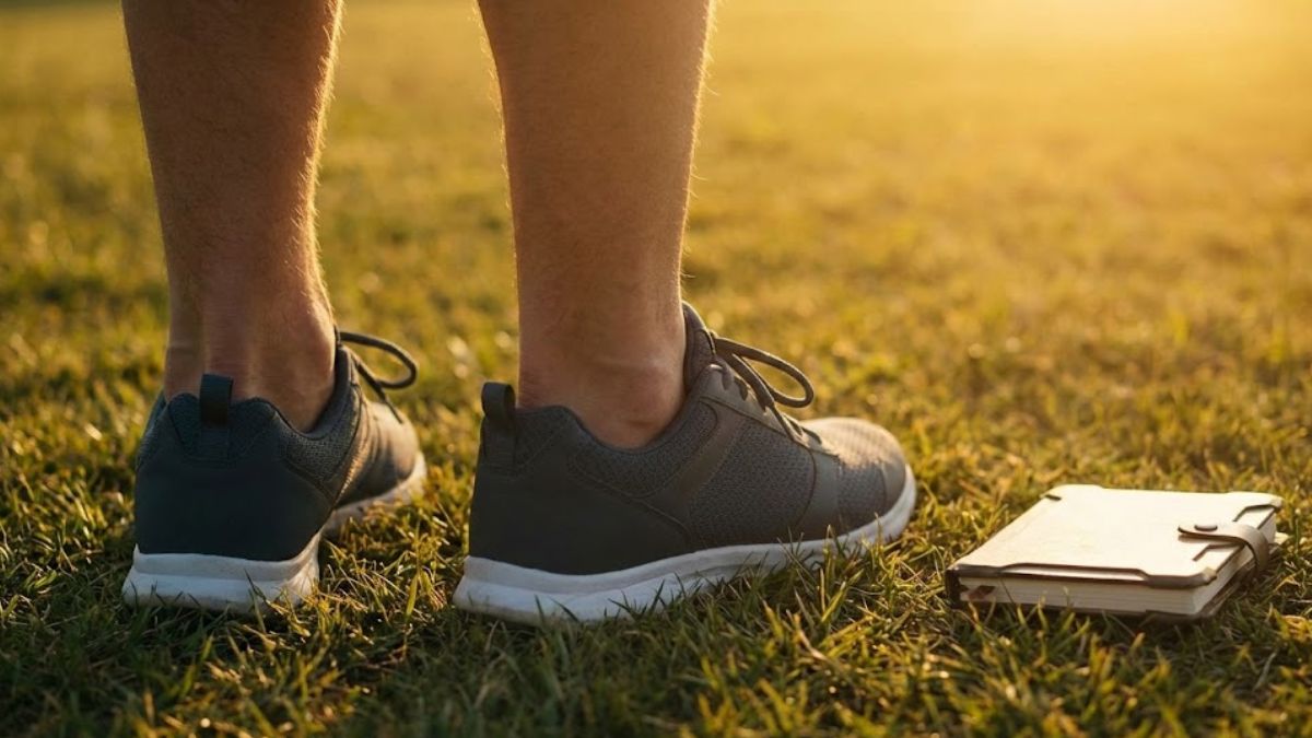 Close up of feet planted firmly on grass representing stability and grounding in mental health.