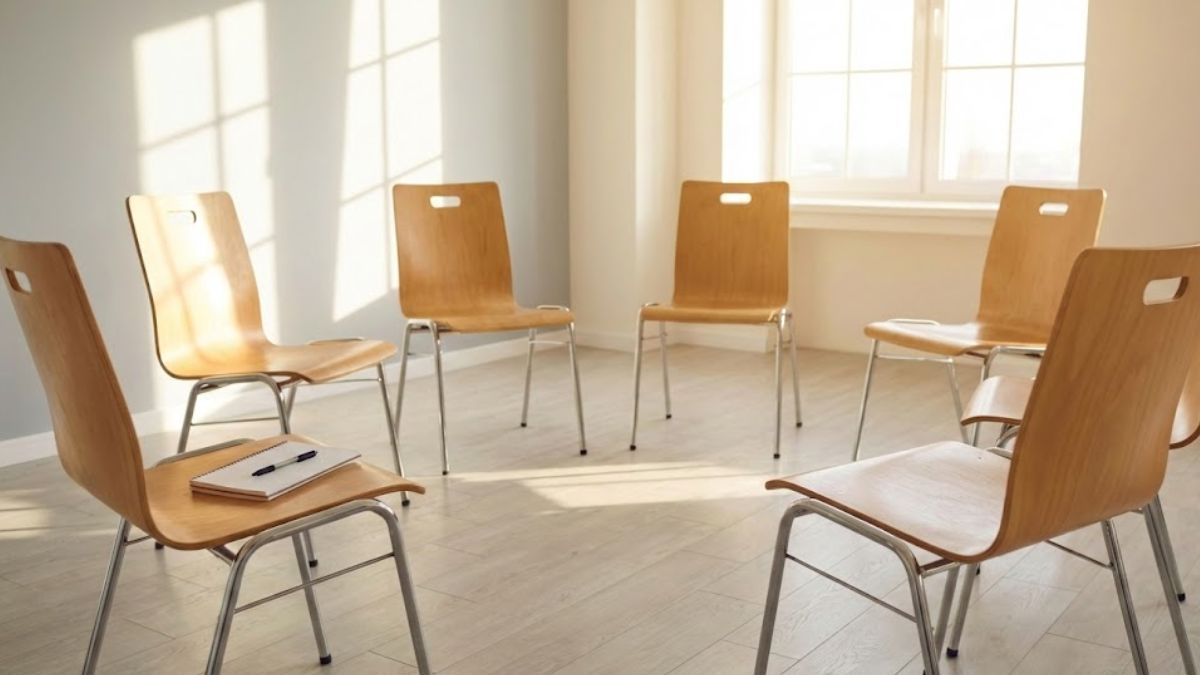A circle of empty chairs in a bright room prepared for a group therapy session.