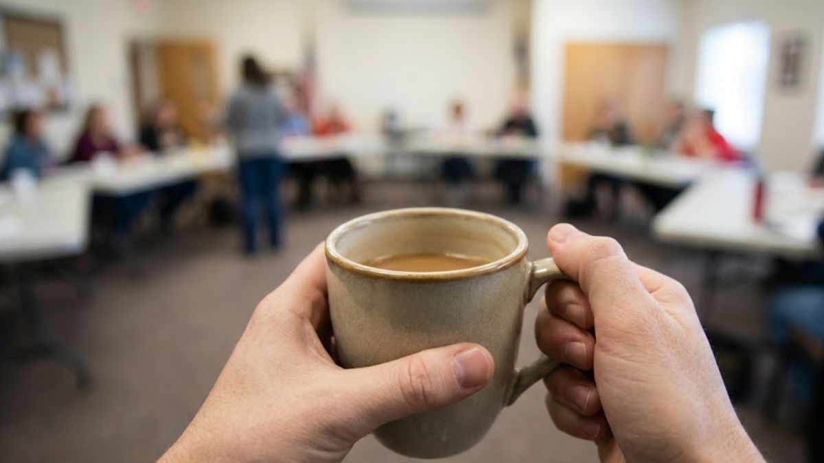 A man holding a coffee cup during a break in a therapy session.