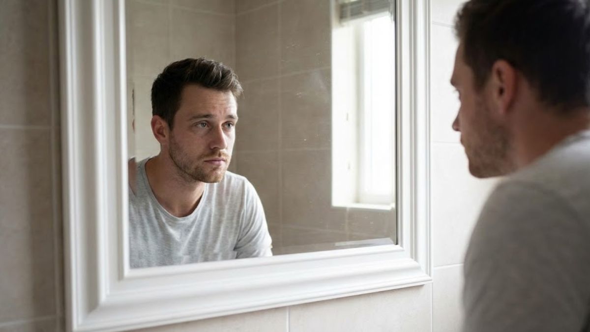 A man looking thoughtfully into a bathroom mirror.