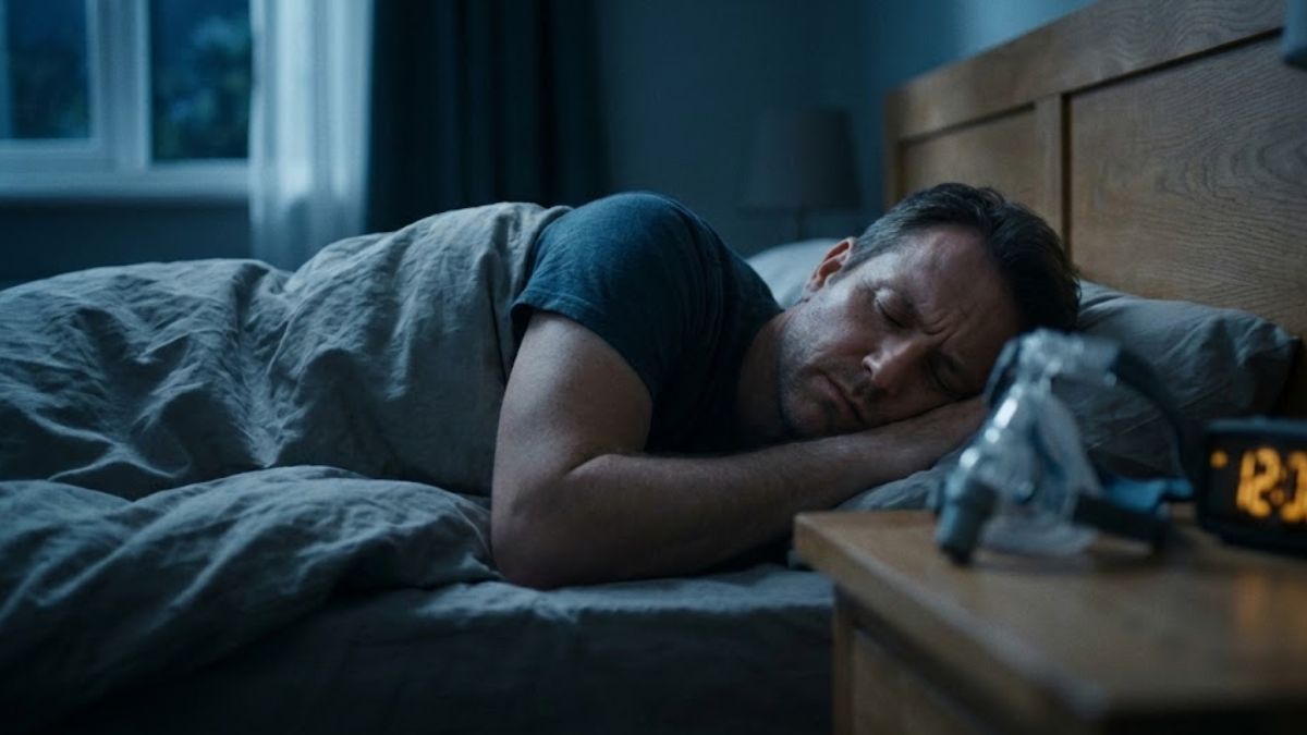 A man sleeping in a dark room with a CPAP machine visible on the bedside table.
