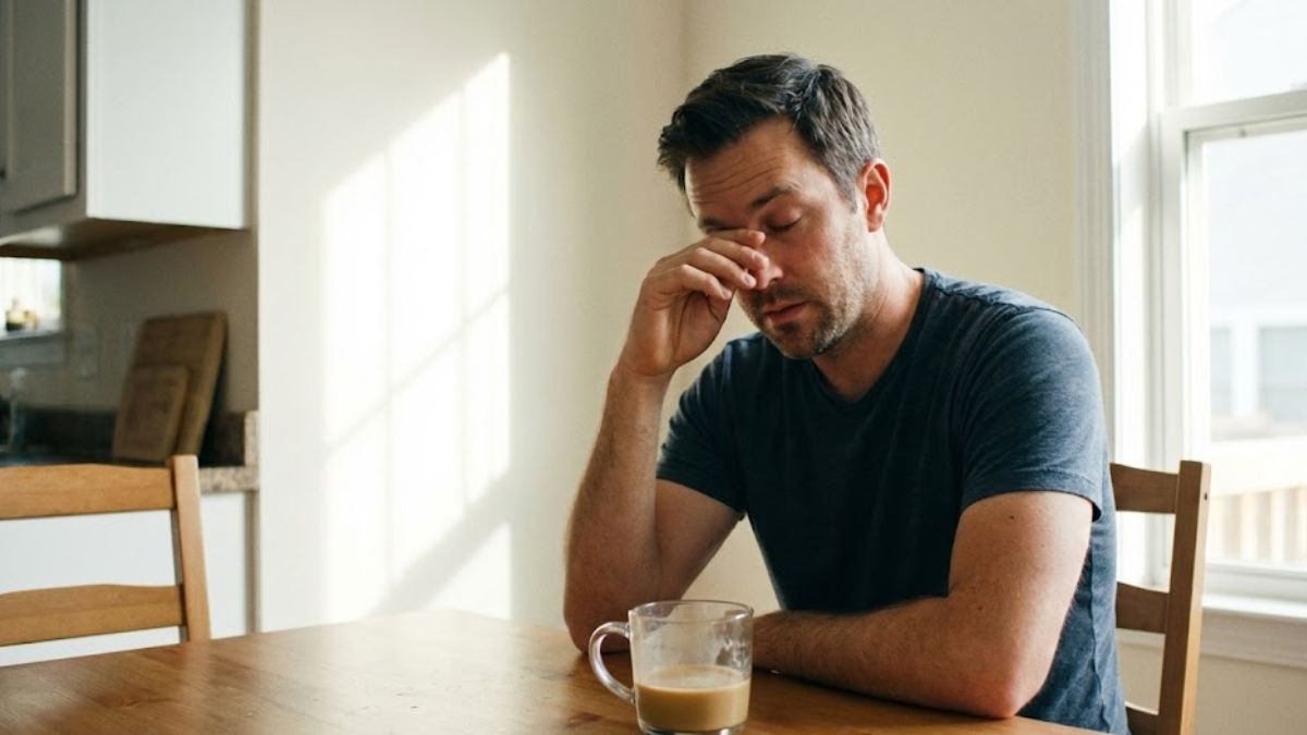 A tired man rubbing his eyes at a table with morning sunlight and coffee.