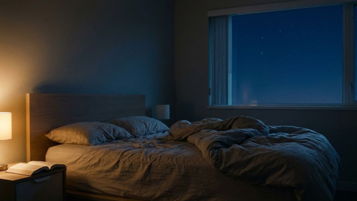 An empty, unmade bed in a dimly lit room with a book on the nightstand.