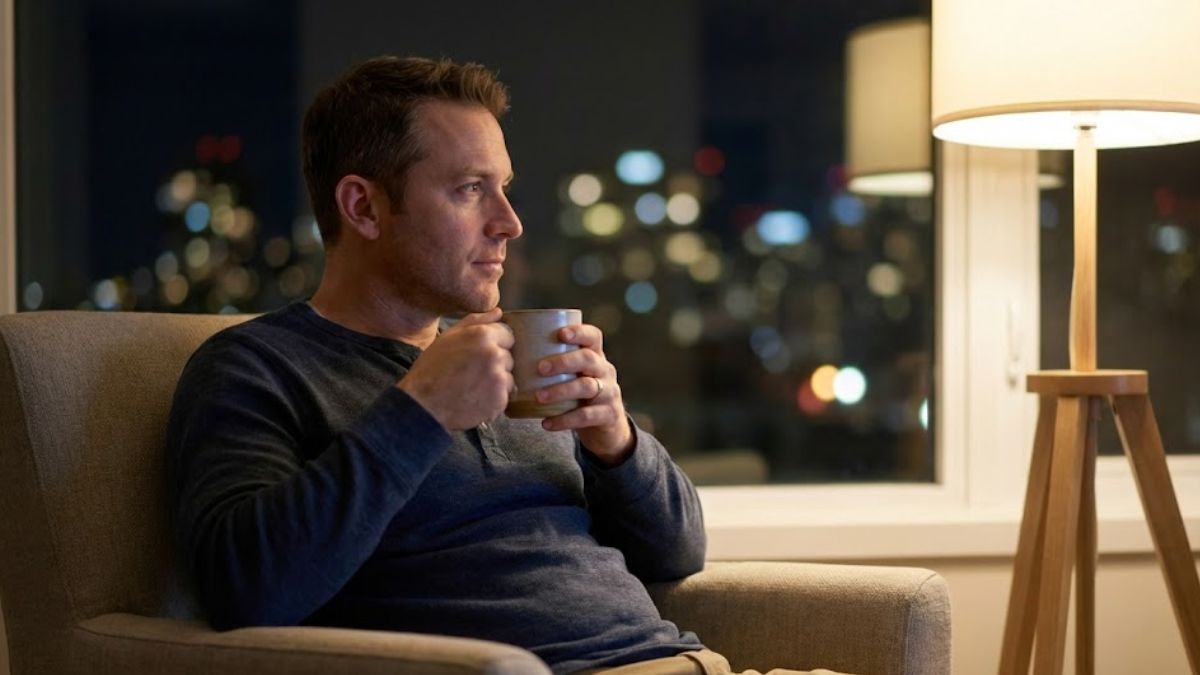 A man sitting in a chair at night holding a cup of tea, awake.