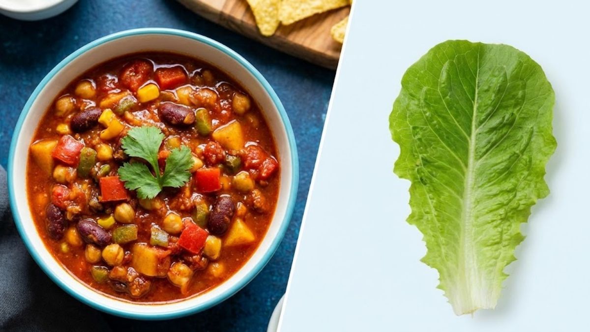 A comparison showing a hearty healthy meal next to a small salad leaf to debunk diet myths.