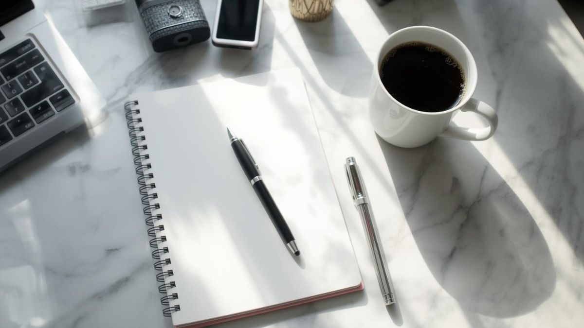 An organized professional desk with a notebook and coffee, symbolising high-functioning anxiety.