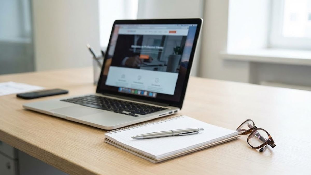 A tidy office desk with a laptop and glasses, representing the maintenance of a professional career despite internal struggles.