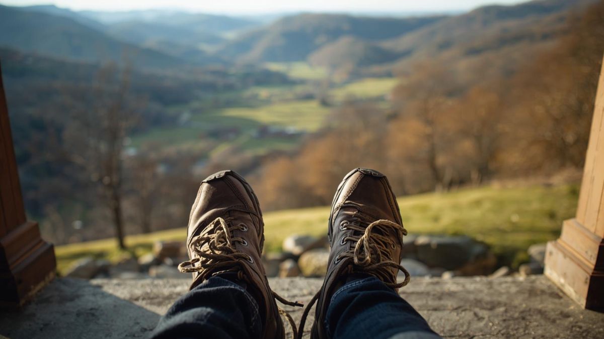 Hiking boots overlooking a landscape, representing solitude and perspective.