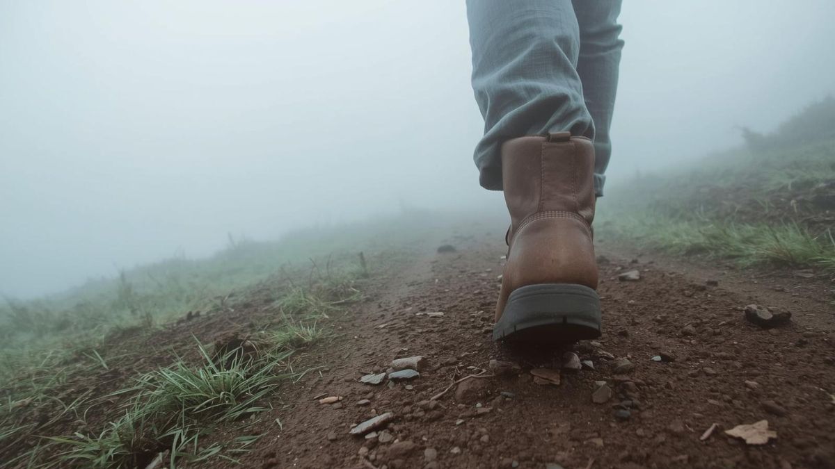 A person walking into a foggy path, representing isolation and uncertainty.