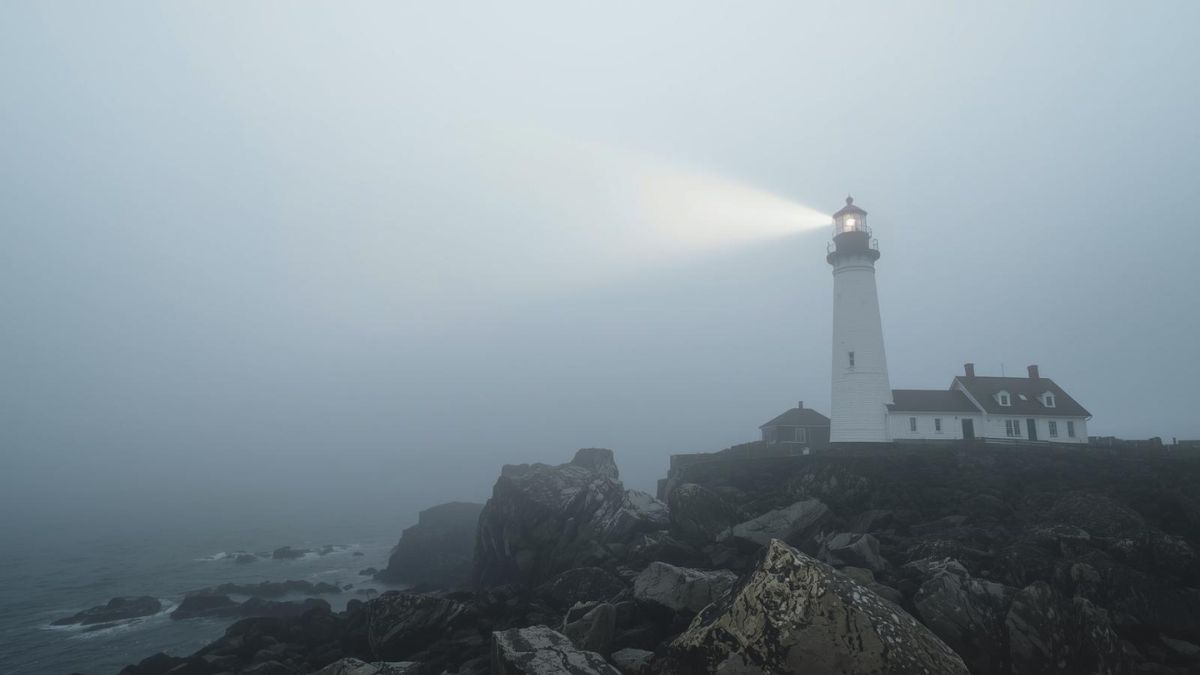 A lighthouse beam cutting through fog, symbolizing finding a way out of loneliness.