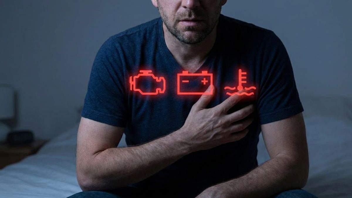 A man sitting in the dark holding his chest, with glowing red automotive warning icons—check engine, battery, and temperature gauge—superimposed over his torso, representing ignored physical stress symptoms.
