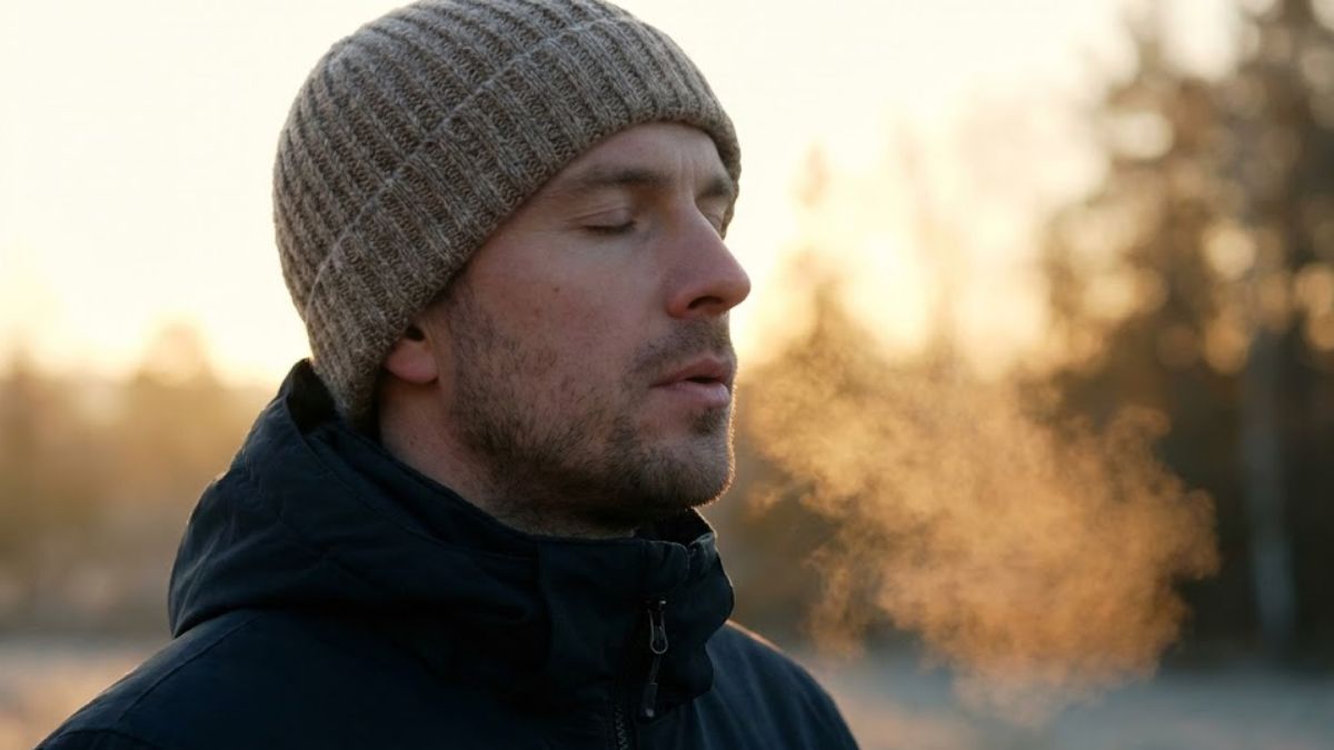 A man practicing deep breathing exercises in cold morning air to prepare for cold exposure.