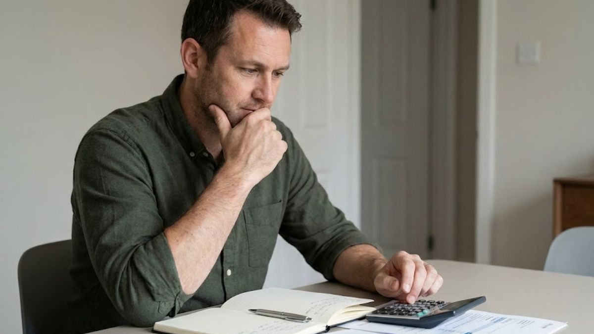A man sitting at a desk with a calculator and notebook, looking focused as he works through his household finances.