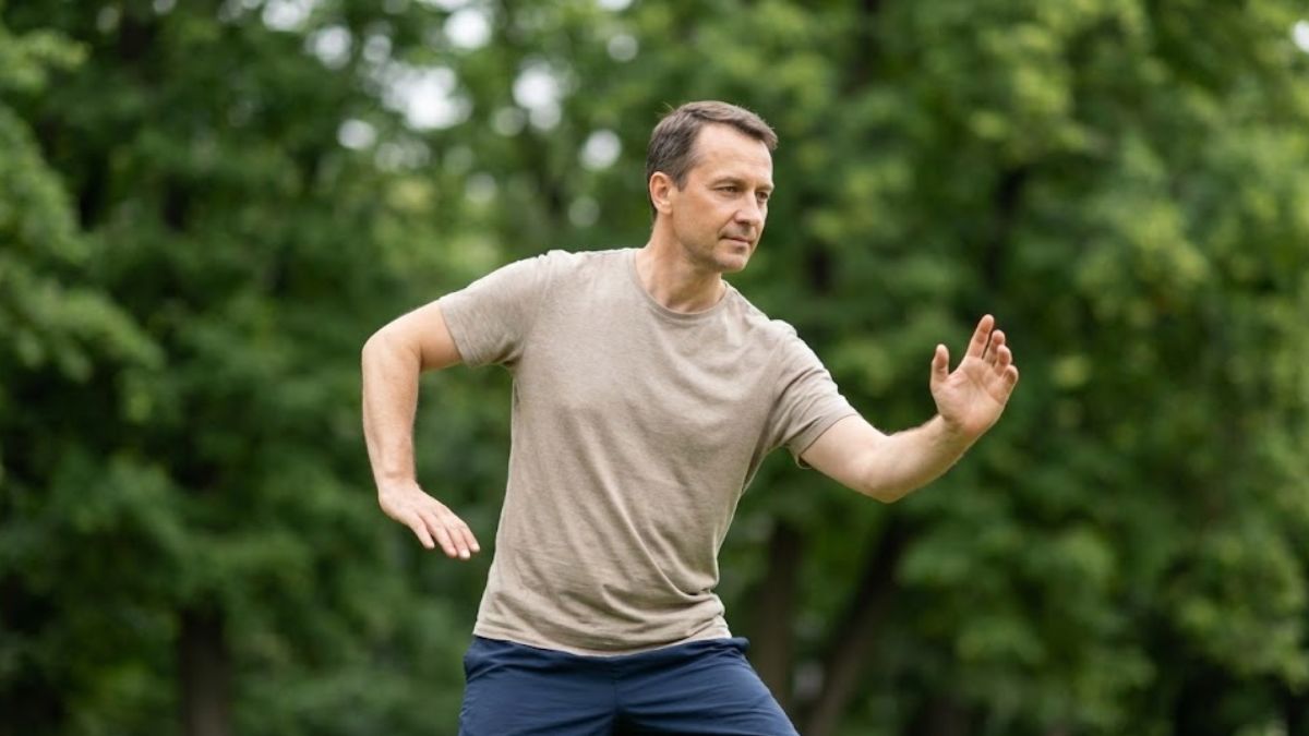A man practicing Tai Chi in a park with a blurred green background.