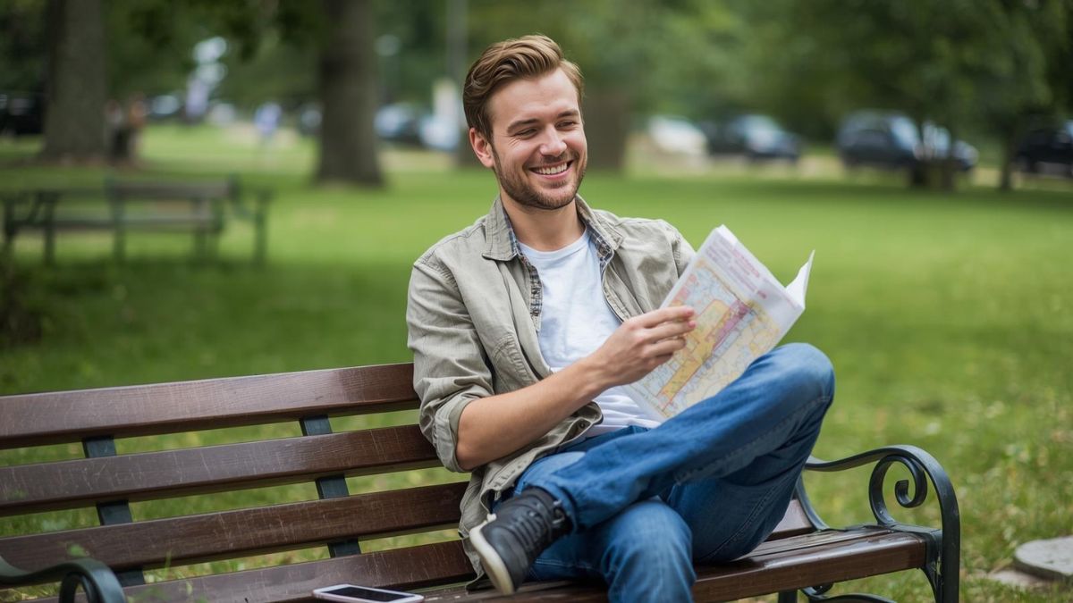 A man sitting on a park bench enjoying the outdoors, ignoring his phone to focus on real-world mental health.