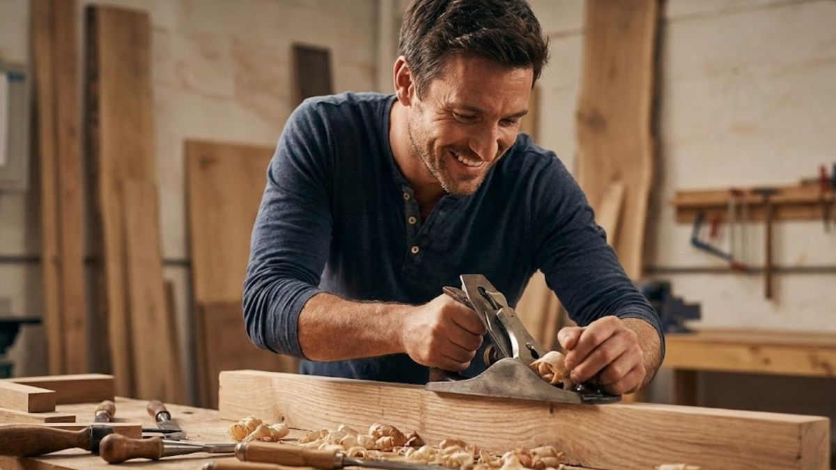 A man smiles while working on a woodworking project in a workshop, representing finding self-worth and competence through hobbies and skills.