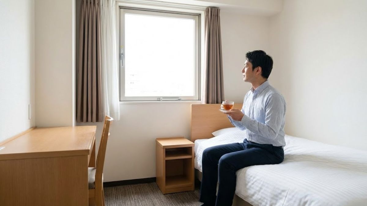 A man sitting calmly on a bed in a simple, tidy room, holding a cup of tea, symbolizing the beginning of rebuilding safety and stability.