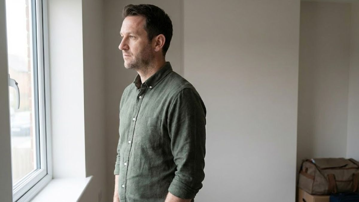 A man standing in a sparse, temporary room with a packed bag in the corner, looking out a window with an uncertain expression.