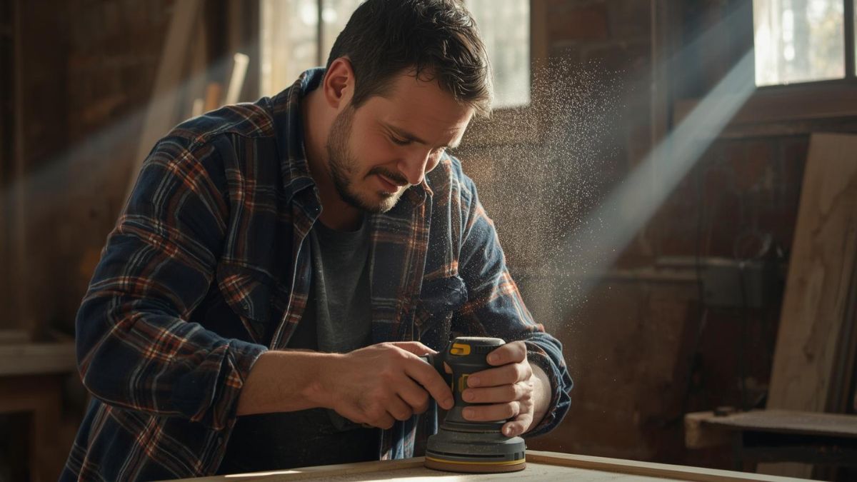 A man working on a wood project in a sunlit workshop.
