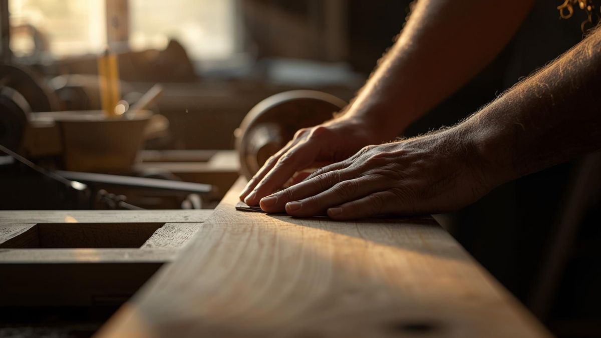 A man's hands sanding wood in a workshop, symbolizing instrumental grieving.