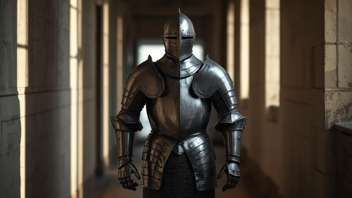 An empty suit of armour, representing the mask men wear to hide mental health struggles.