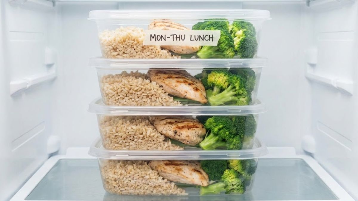 Stacked food containers with healthy meals prepared in advance.