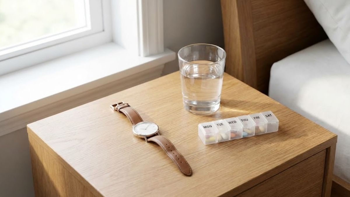 A bedside table with a watch, water, and pill box, symbolizing a structured daily health routine.